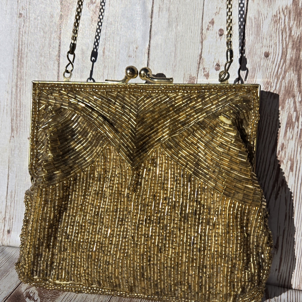 Vintage Gold Amber Beaded Evening Bag Clutch w/ Chain Strap Prom Wedding - Picture 2 of 12